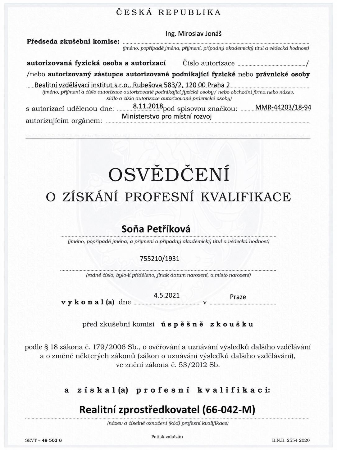 Certifikát realitní kanceláře ALFA ESTATE
