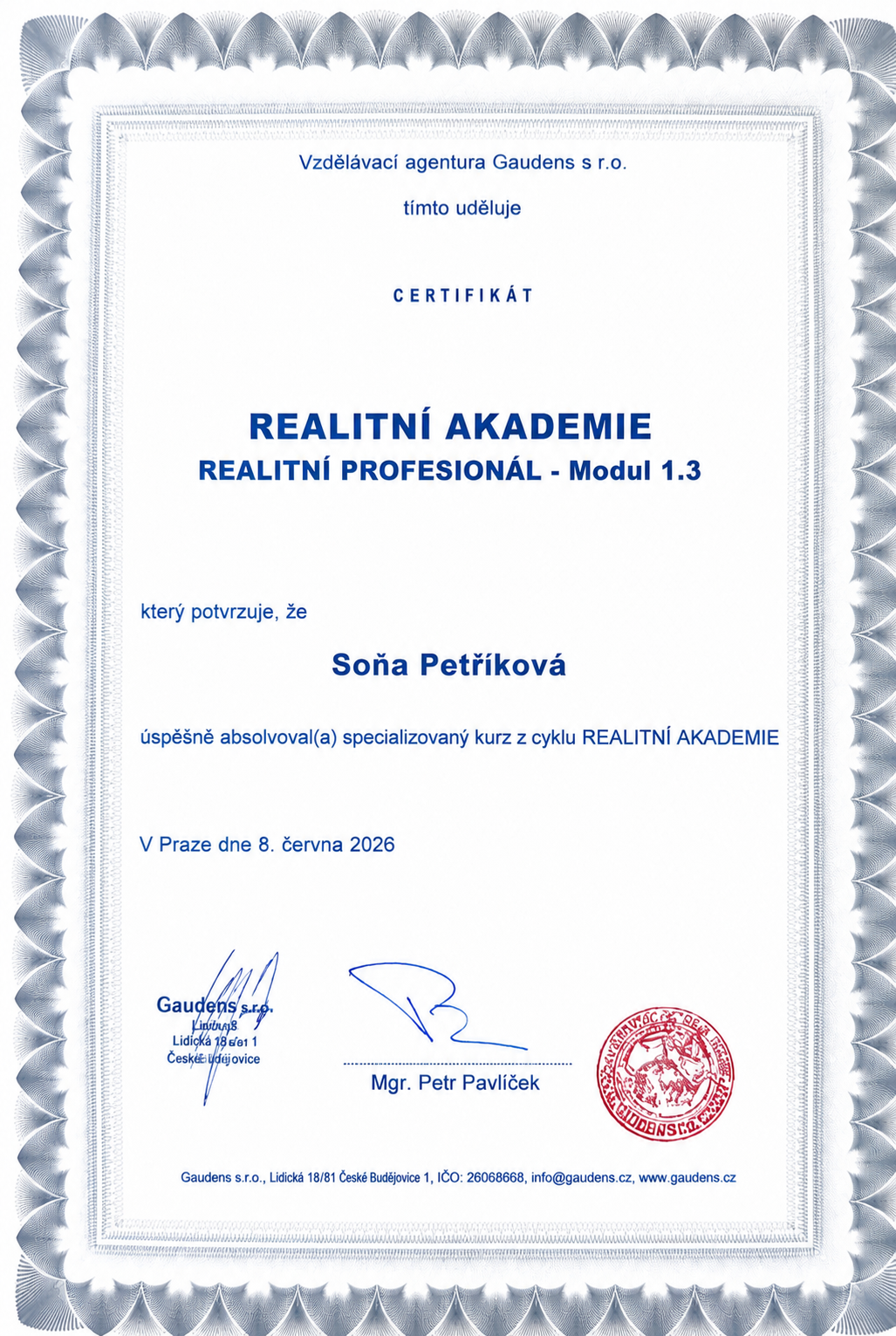 Certifikát realitní kanceláře ALFA ESTATE