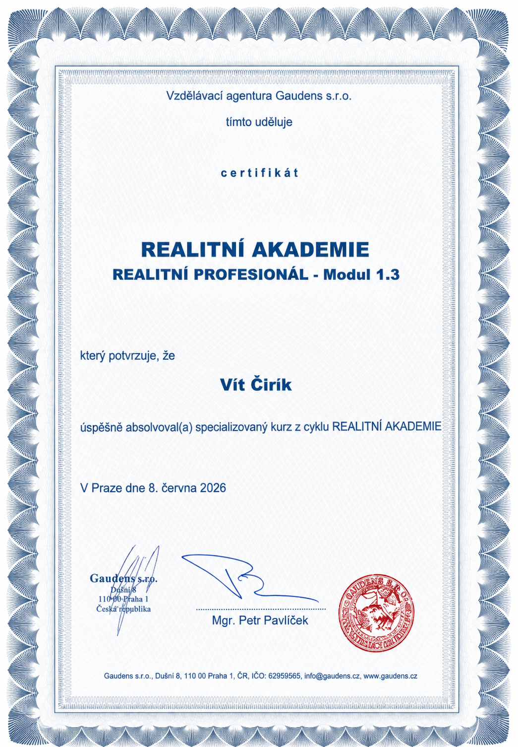 Certifikát realitní kanceláře ALFA ESTATE